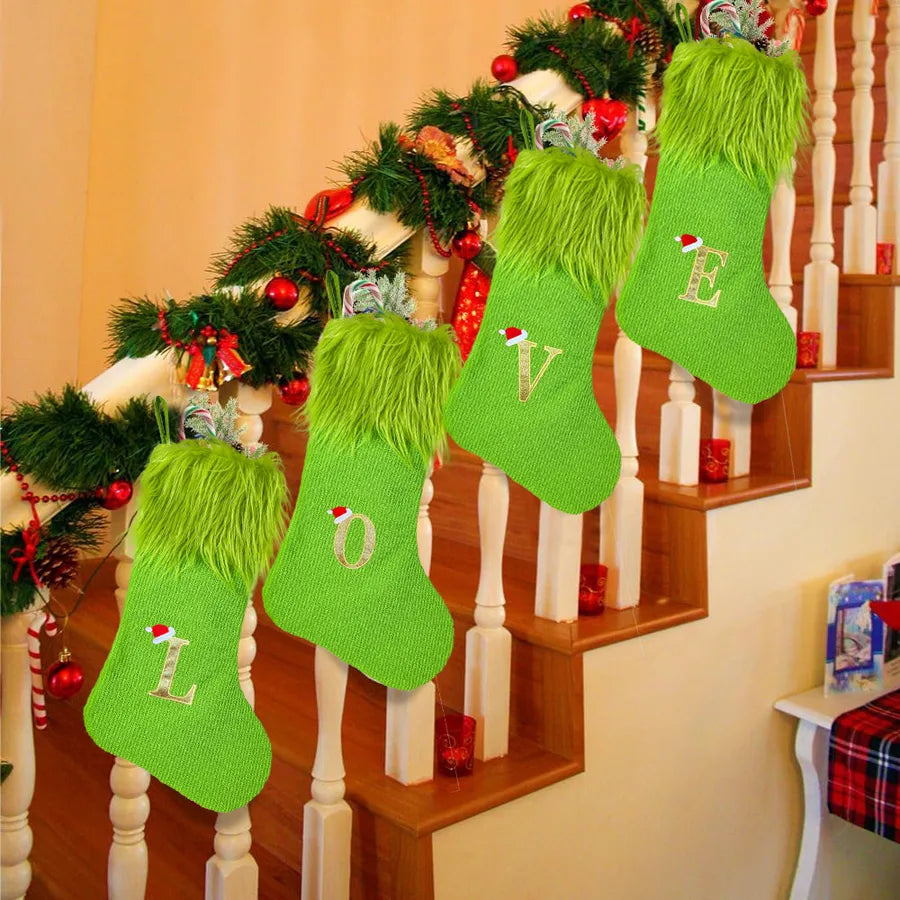 Christmas Decorations Knitted Plush Christmas Socks Letter Patterned Gift Bag Green Velvet Stockings Festive European Style