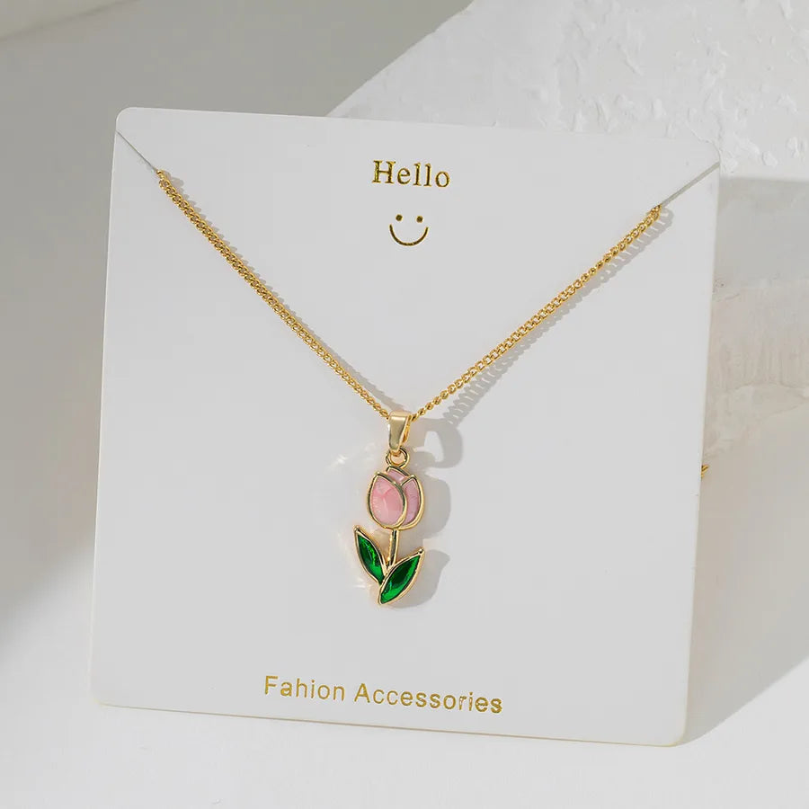 Wholesale Jewelry Basic Simple Style Commute tulips 304 Stainless Steel 18K Gold Plated Plating cable chain Pendant Necklace