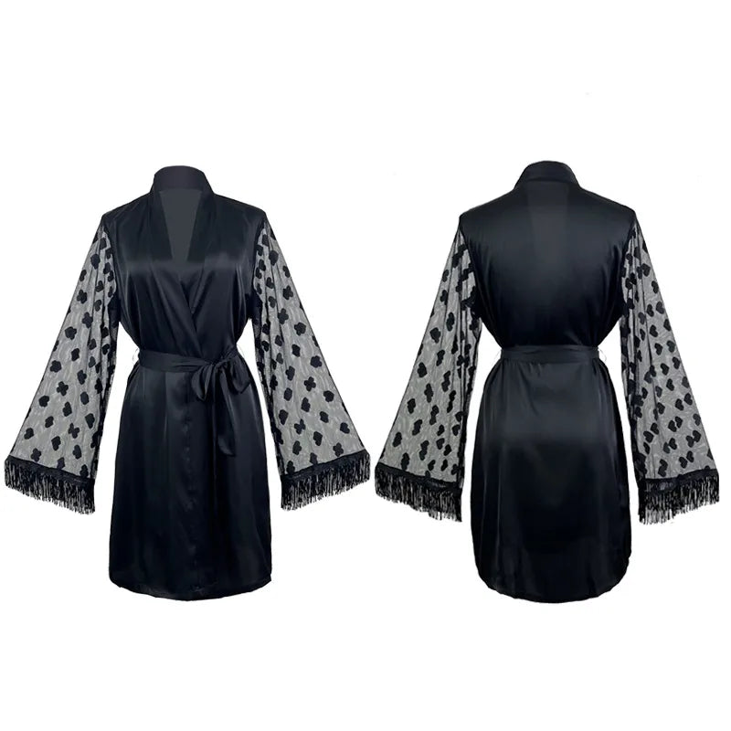 Sexy Pure Desire Heart Satin Sleepwear Morning Robe Women's Home Clothes V-neck Ultra-thin Simulation Silk Bathrobe For All Seasons
