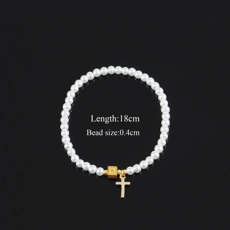 Casual Elegant Classic Style Cross Letter 304 Stainless Steel Artificial Pearl Copper Beaded Chain Beaded Bracelets Wholesale