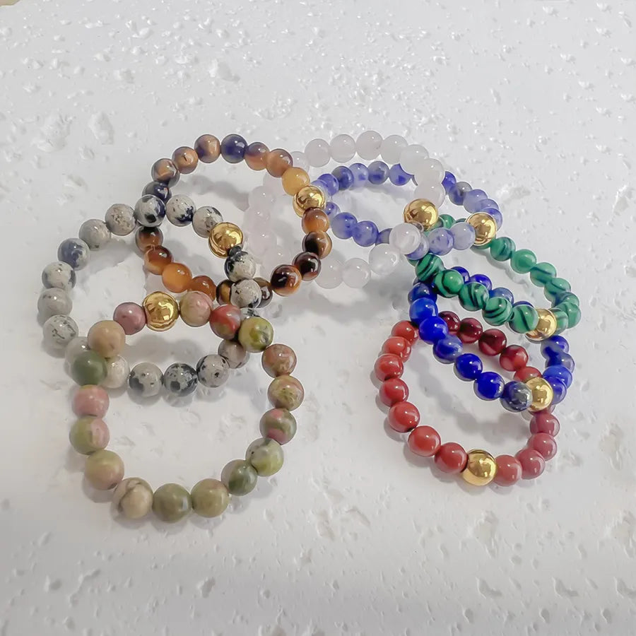 simple style color block natural stone beaded rings