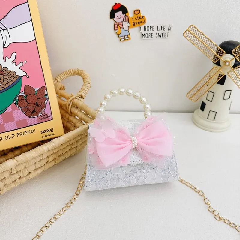 New Children's Bag Crossbody Bag Fashion Pearl Handbag Lace Bow Girl Princess Accessories Bag