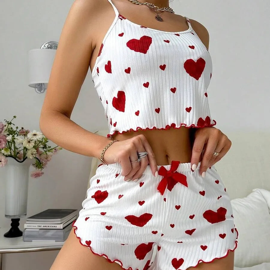 Home Sleeping Women's Sweet Heart Shape Bow Knot Rib Fabrics Shorts Sets Pajama Sets