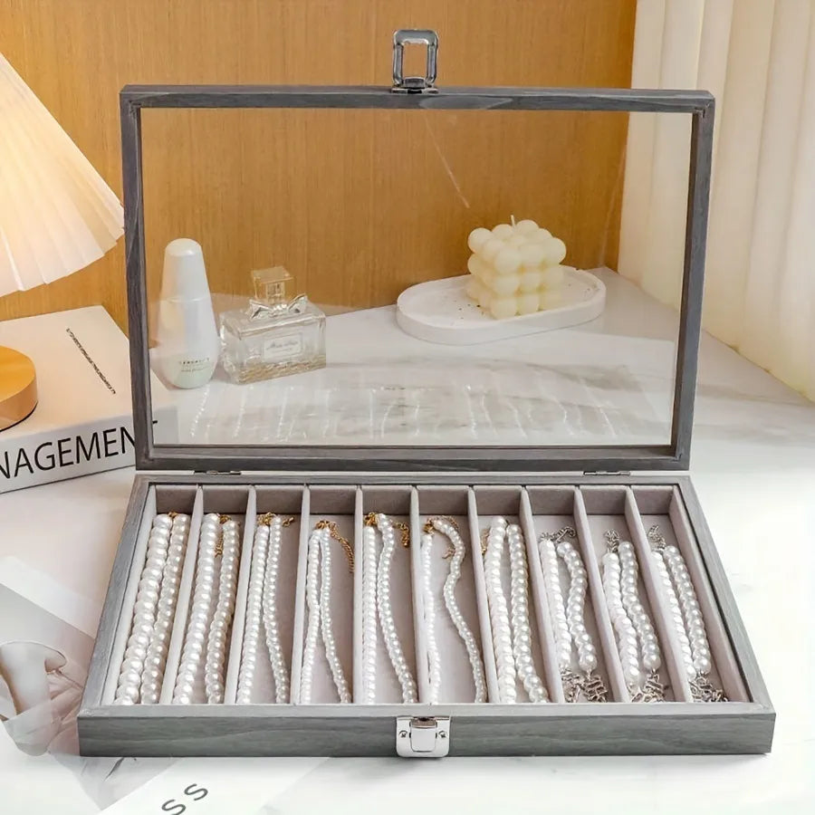 New Ice Grey Pearl Necklace Storage Box With Lid Glass Dustproof Long Bracelet Beads Thick Necklace Jewelry Box Simple Style