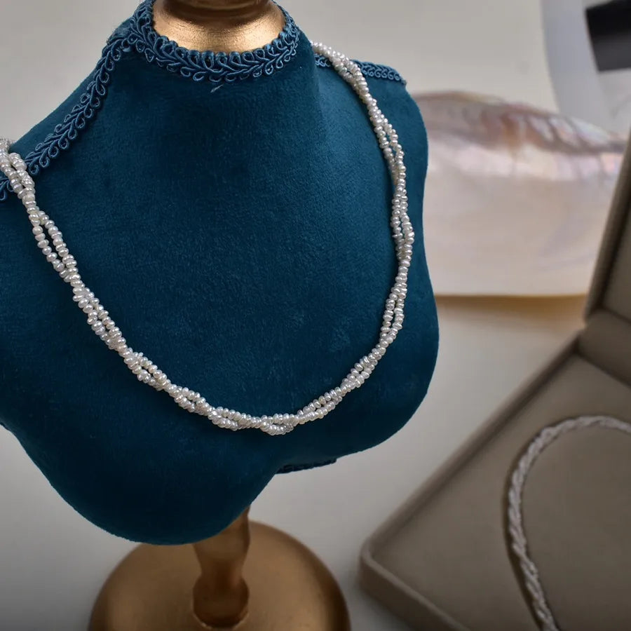 Natural Freshwater Pearl Necklace Simple Style Three-Layer Double-Layer Twisted Chain Small Flat Beads 2-3mm Jewelry Accessory