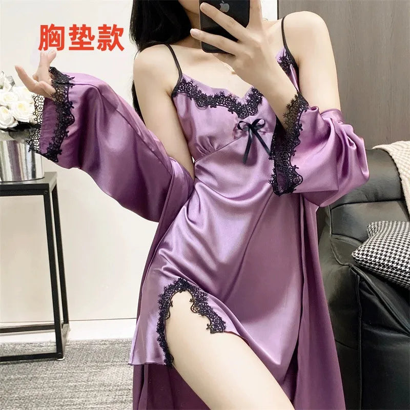 Summer silk-like Ladies sling nightgown sexy V-neck spinning satin pajamas home clothes wholesale agent