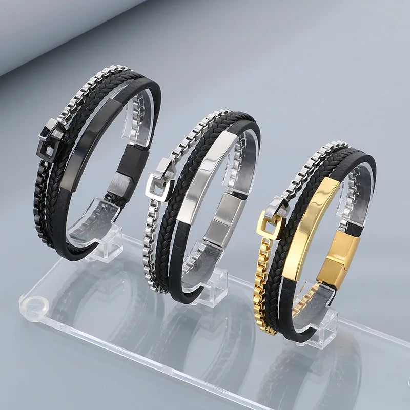 Business Geometric 304 Stainless Steel Leather Layered 18K Gold Plated Men's Bangle