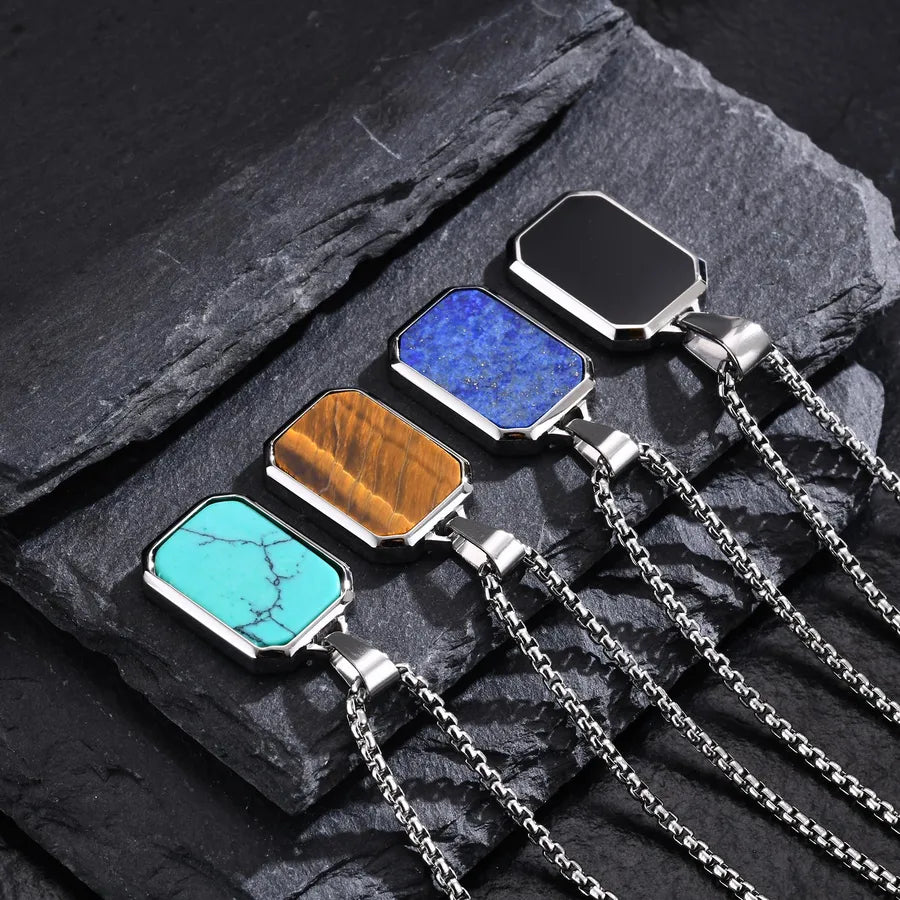 Wholesale Jewelry Classic Style Rectangle 304 Stainless Steel Natural Stone Polishing Pendant Necklace