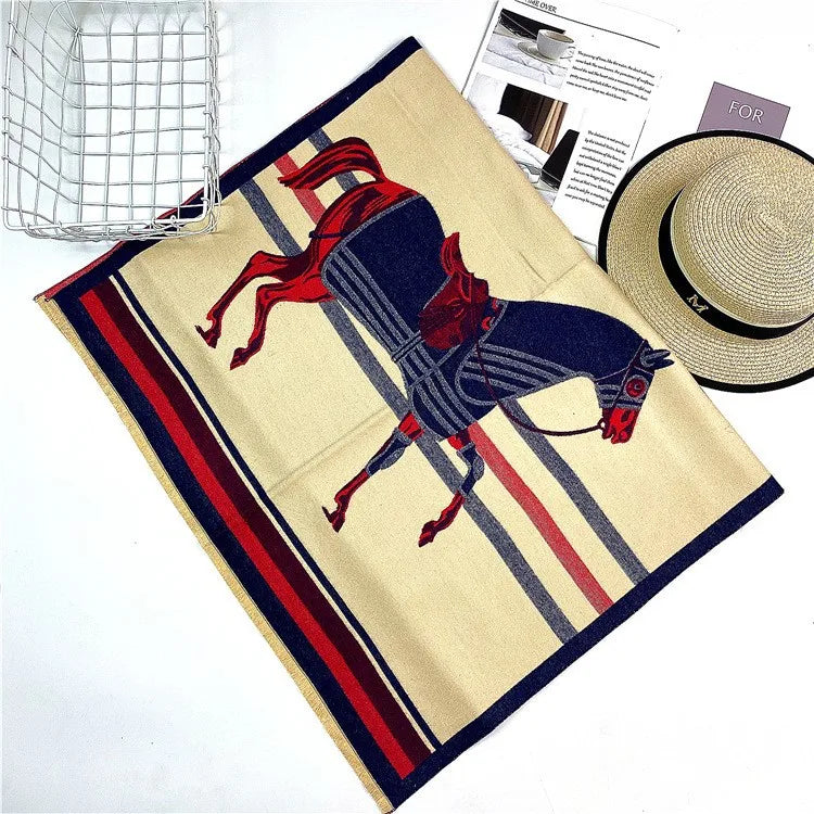 women's retro color block imitation cashmere printing scarf