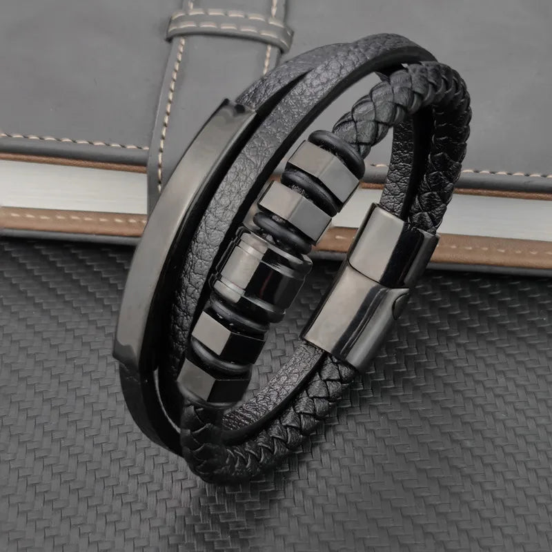 Retro Geometric 304 Stainless Steel Pu Leather Layered Unisex Bracelets Men Cord & Leather Bracelets