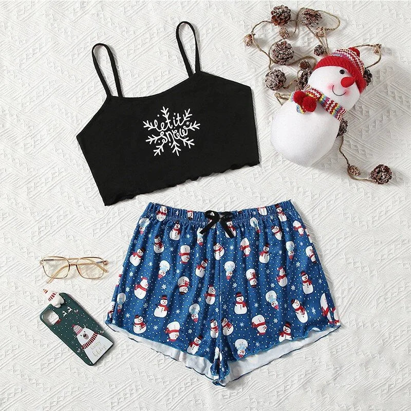 Home Festival Women's Christmas Printing Polyester Milk Fiber Printing Shorts Sets Pajama Sets