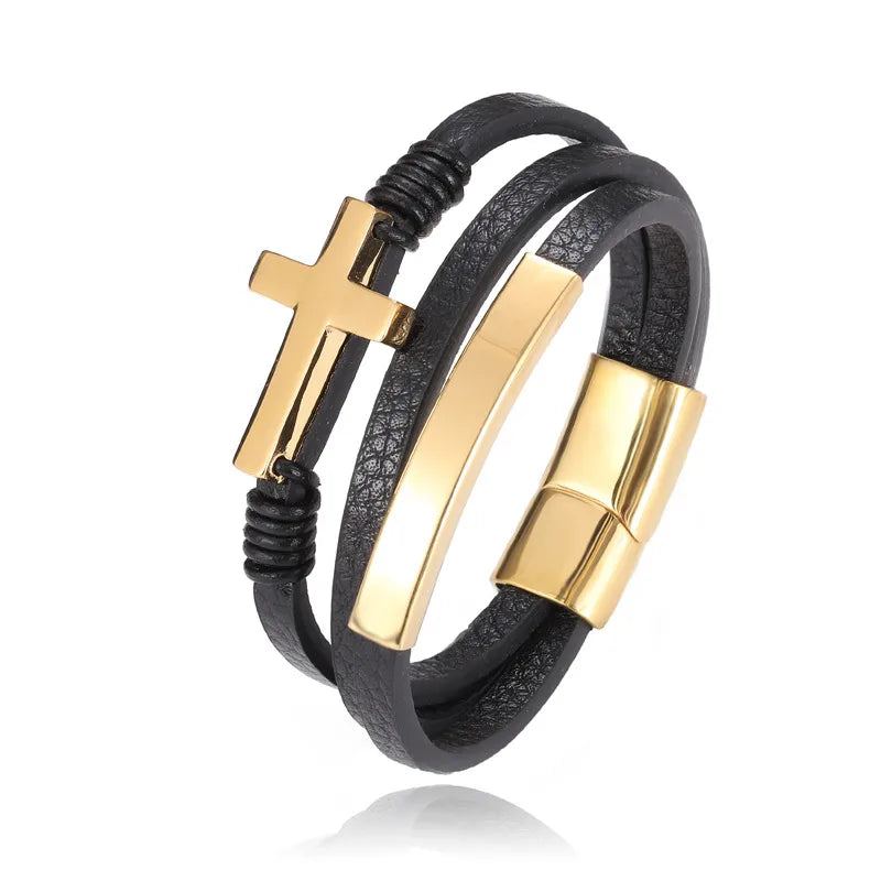 retro cross stainless steel pu leather men's bracelets 1 piece