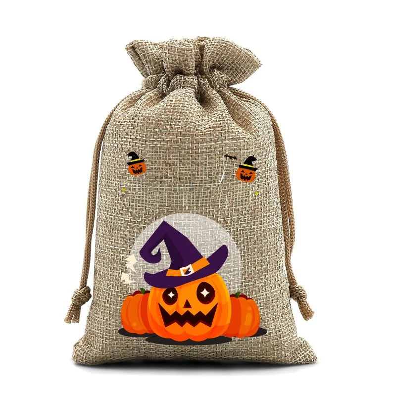 2025 New Halloween Linen Drawstring Gift Bag Pumpkin Shaped Sealed Mouth Bag Cartoon Style Heat Transfer Process Ladies Handbag