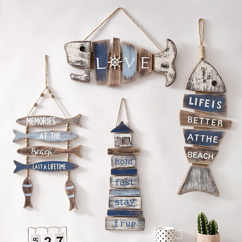 Vintage Style Marine Style Letter Fish Wood Hemp Rope pendant Wall Art