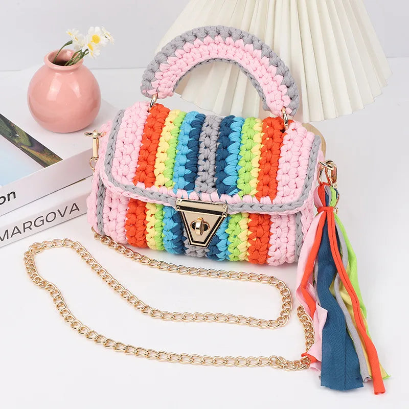 INS Internet Celebrity  Hot Selling Hand Crocheted Women's Bag, Contrast Color Cloth Stripe Woven Crossbody Bag, Rainbow Color Shoulder