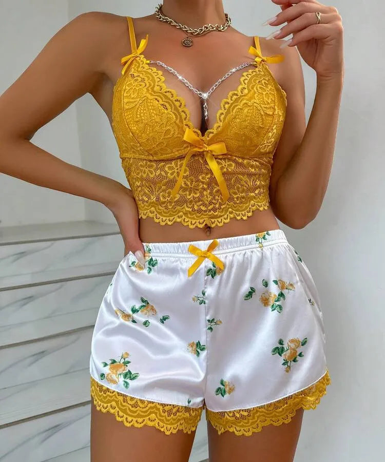 Sexy Lace Trim Sleepwear Set  Style Home Clothes Attractiveness Innerwear Bra Shorts For Women
