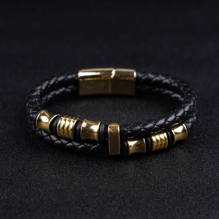 Casual Retro Simple Style Geometric Pu Leather Rubber Metal Layered Men's wristband