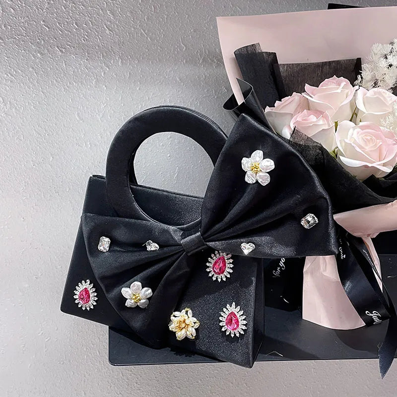 Women's Small Silk Flower Bow Knot Streetwear Square Magnetic Buckle Shoulder Bag Handbag
