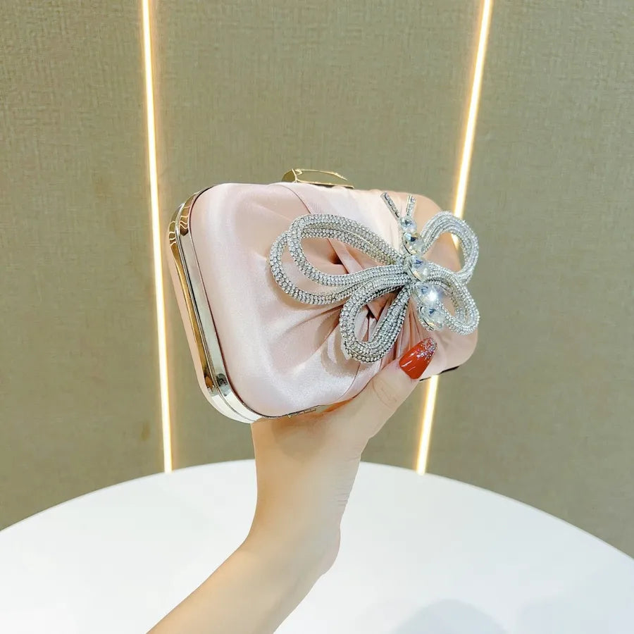 Elegant Diamond Butterfly Knot Clutch Bag Shoulder Crossbody Bag For Women Party Dinner Bag Silk Square Handbag Fashionable