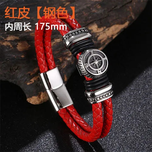 new  men's double leather woven titanium steel bracelet Viking stainless steel DIY leather rope bracelet chain