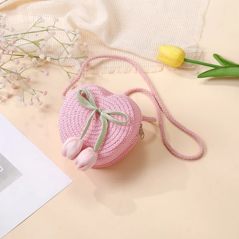 Summer Beach Seaside Tulip Straw Woven Bag  New Children Flower Straw Bag Mobile Phone Crossbody Bag