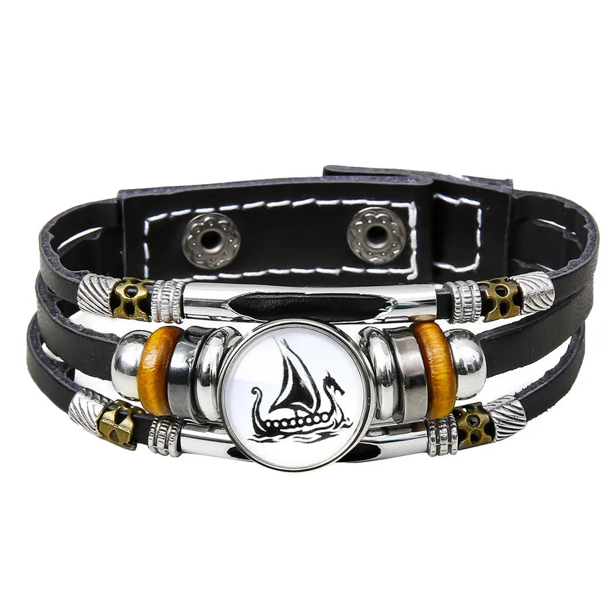Hot Sale Viking Pirate Compass Pattern Leather Bracelet   Retro Multi-Layer Beaded Bracelet