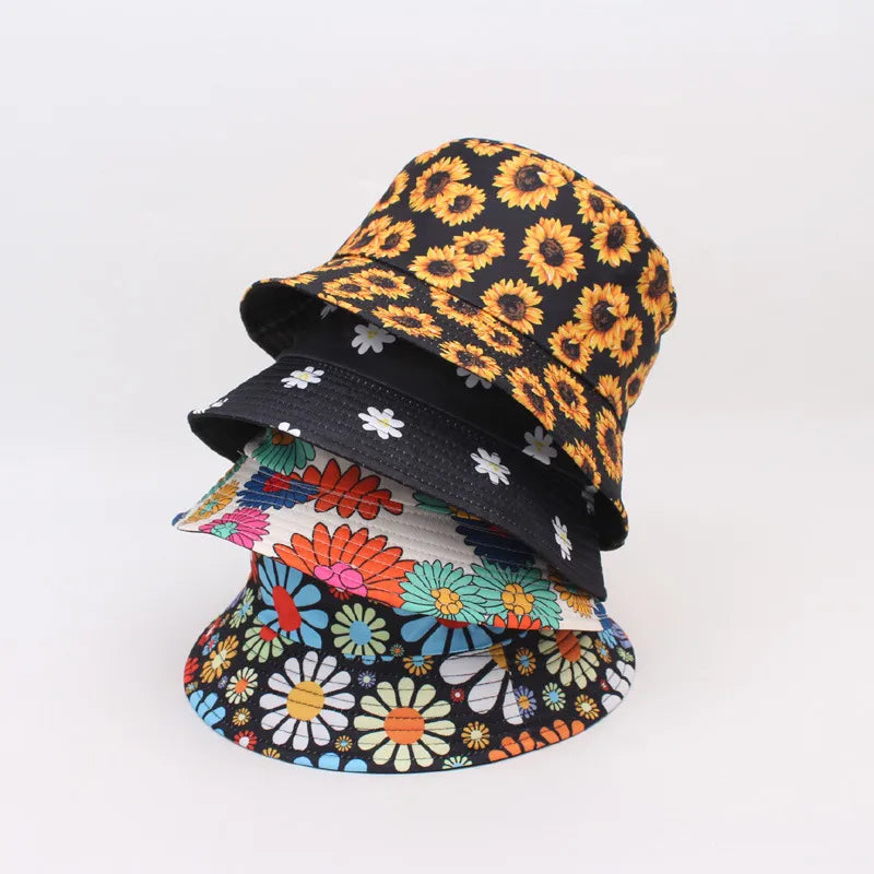 Double-Sided Wearable Fisherman Hat New Style Small Daisy Outdoor Sun Protection Hat Sunflower Full Print Pot Summer Cap
