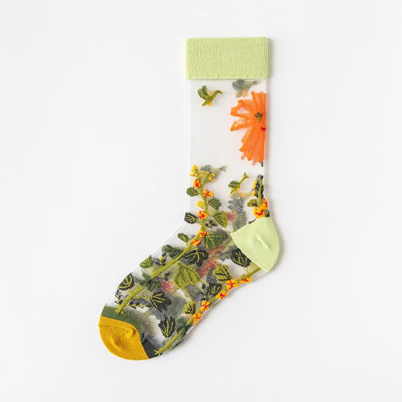 women's japanese style flower nylon crew socks a pair