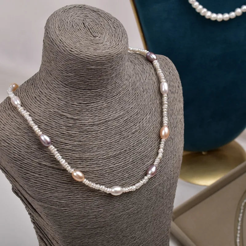 Natural Pearl Necklace Women's High-End Luxury Candy Color Splicing Beads Clavicle Chain Gentle Baroque Style Jewelry Accessory