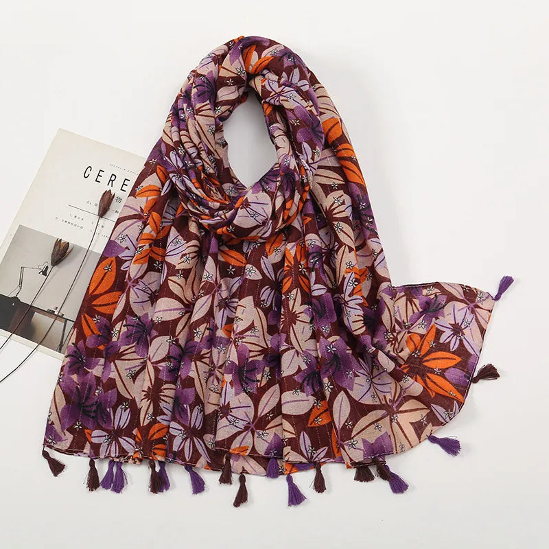 women's retro color block polyester printing scarf