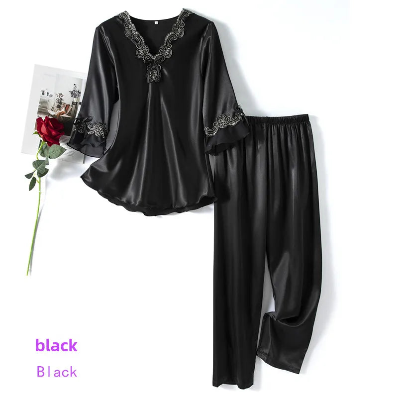 Large Size Spring and Autumn Elegant Thin Seven-point Sleeve Silk-like Women's Suit Embroidered Lace Two-piece Home Clothes