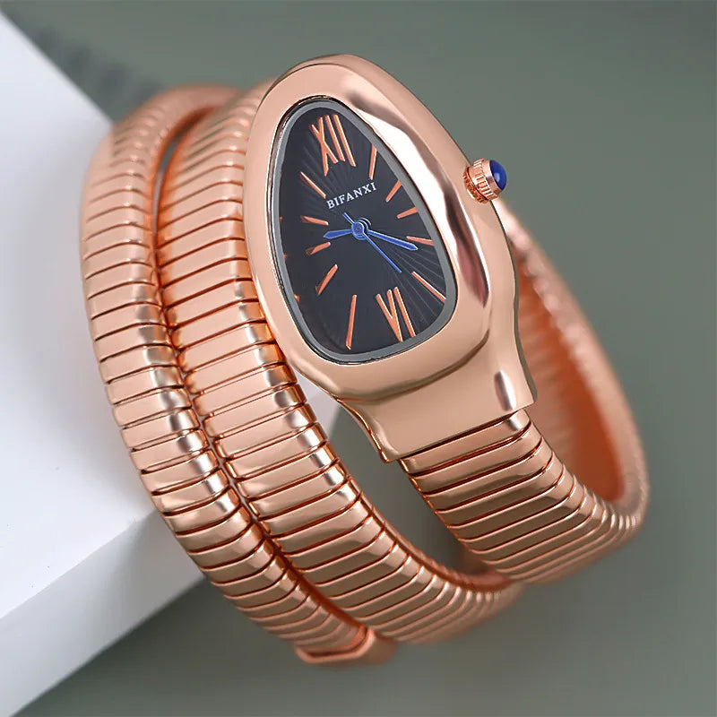 Foreign Trade Snake-shaped Quartz Watch Women's Fashion Two-ring Steel Band Watch All-match Gradient Bracelet Watch Wrapped European and American Watches