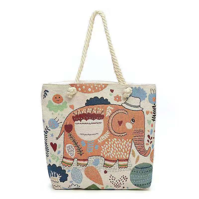 Women's Large Canvas Animal Cartoon Vacation Ethnic Style Bucket Zipper Tote Bag