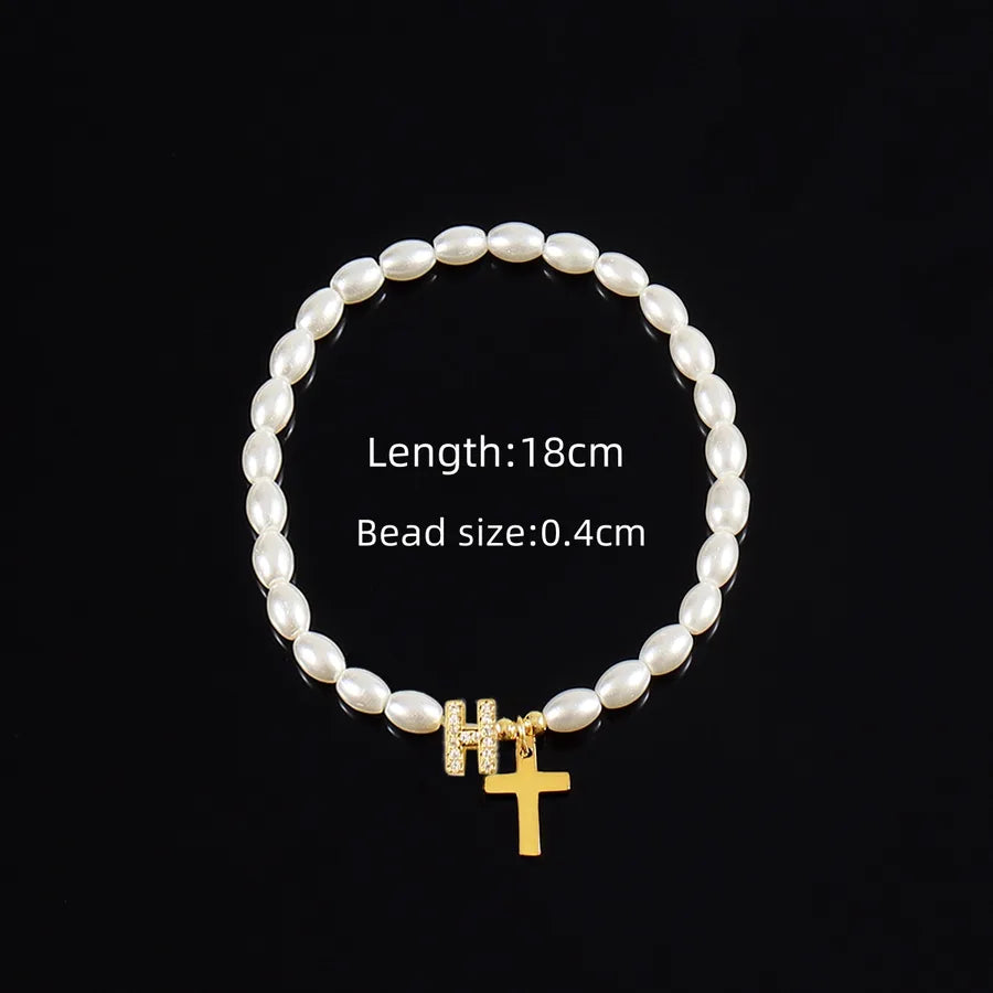 Simple Style Cross Letter 304 Stainless Steel Artificial Pearl Copper Beaded Chain Bracelets In Bulk