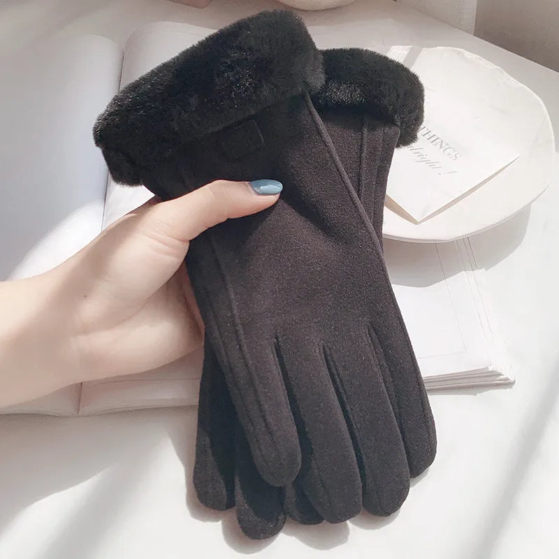 Warm gloves women's winter plus velvet padded suede autumn and winter cold-proof touch screen new cycling ski riding gloves