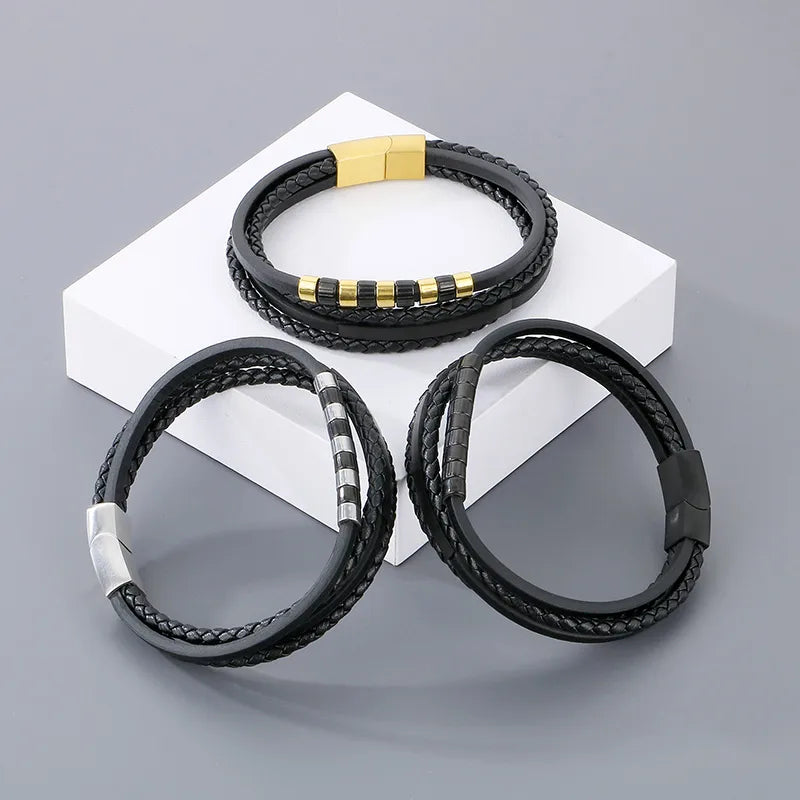 Simple Style Color Block Stainless Steel Layered 18K Gold Plated Men's Bracelets