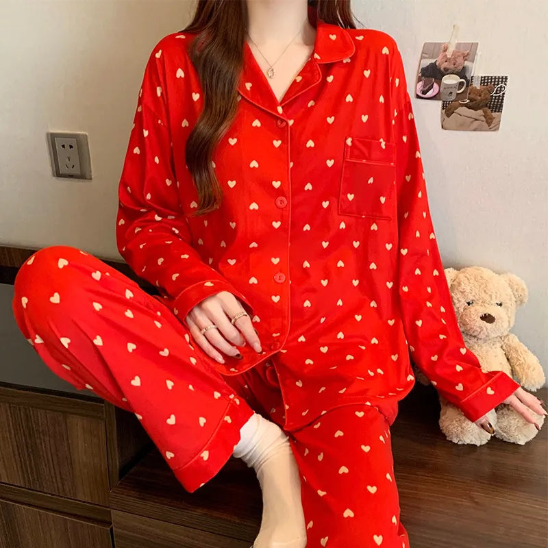 Purple Heart Sweet Style Women's Sleepwear Long Sleeve Home Clothes Spring Autumn High Sensation Dormitory Outdoor Wear Set