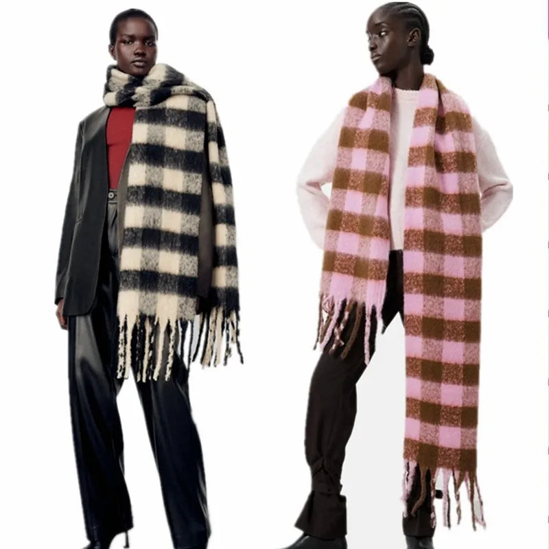 women's streetwear lattice imitation cashmere tassel winter scarves