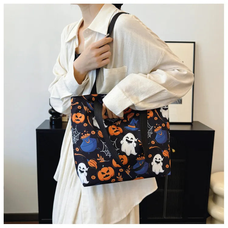 Halloween High Capacity Tot Bag Pumpkin Witch Casual Single Shoulder Bucket Shape Zipper Closure Nylon Material Street Style