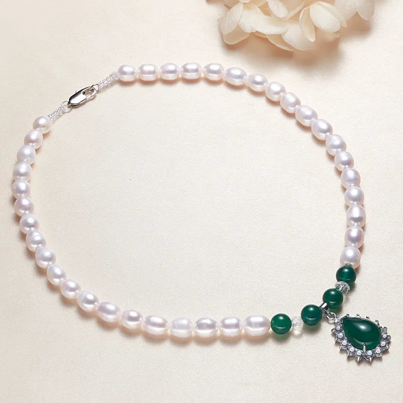 Freshwater Pearl Agate Zircon Beaded Chain Plating Inlay Water Droplets Necklace
