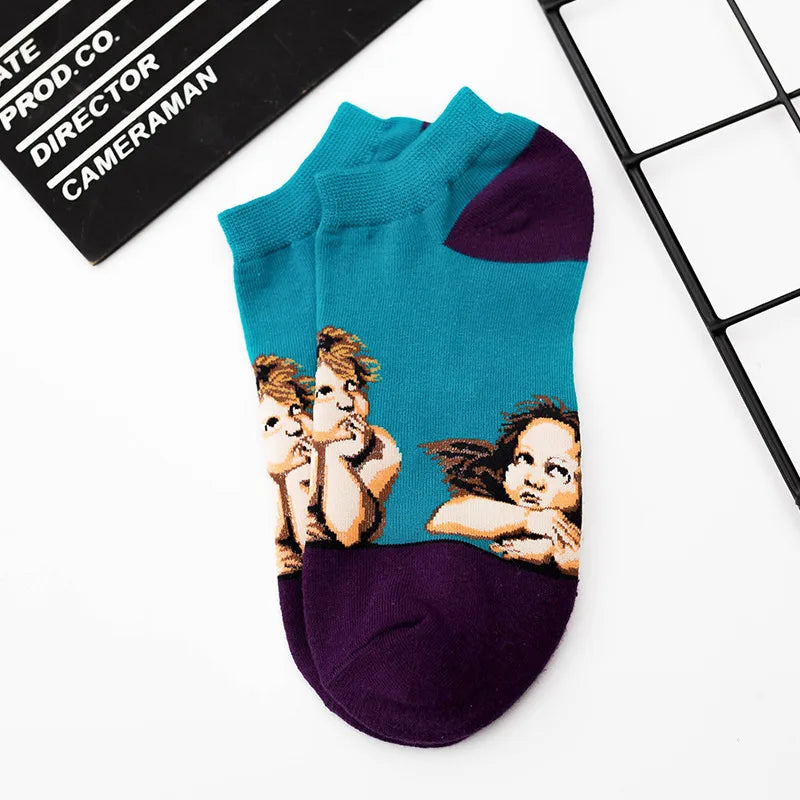 european and american trend cartoon famous painting ladies cotton boat socks wholesale