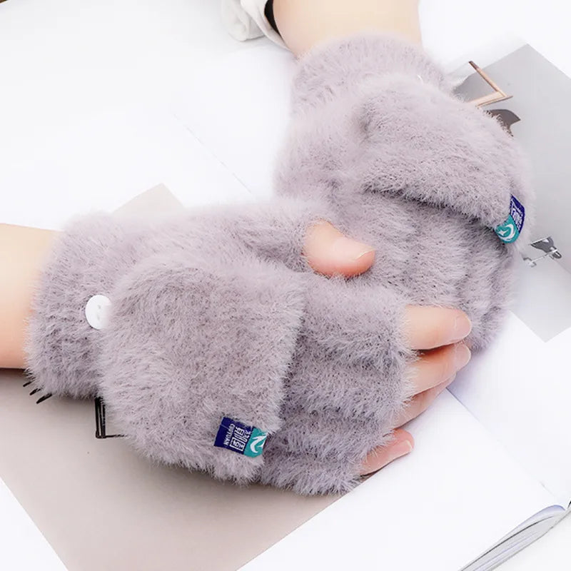 Warm Gloves Men's and Women's Open Finger Learning Flip fleece-lined Winter Outdoor Cold-proof Autumn and Winter Women's Ski Riding Gloves