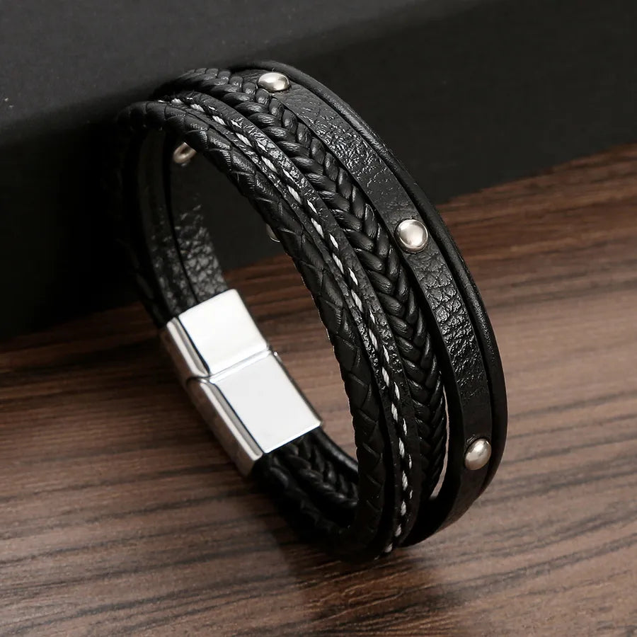 rock streetwear solid color pu leather alloy men's bangle