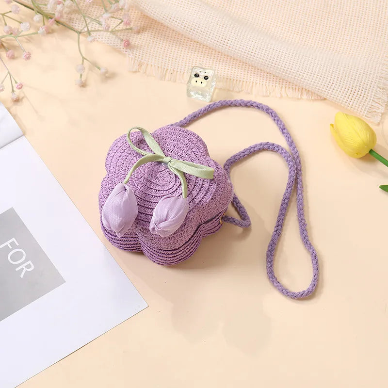 Summer Beach Seaside Tulip Straw Woven Bag  New Children Flower Straw Bag Mobile Phone Crossbody Bag