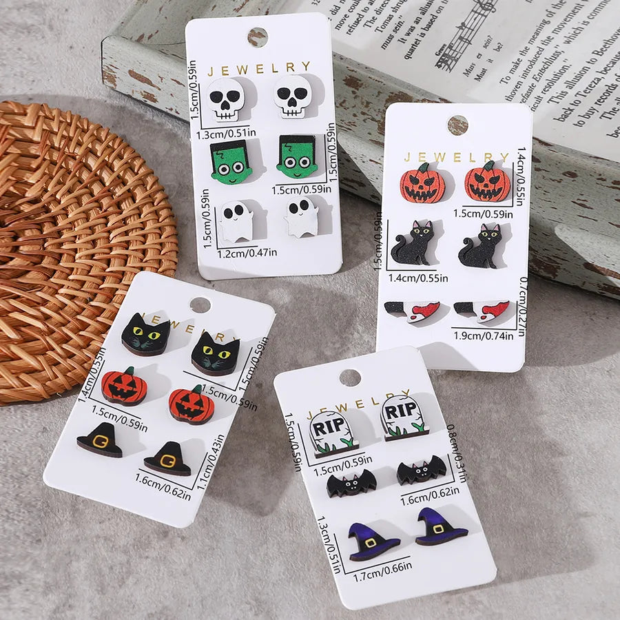 Wooden Vintage Halloween Party Ear Studs Set For Women Bat Pumpkin Witch Hat Skeleton Black Cat Design Stainless Steel Post