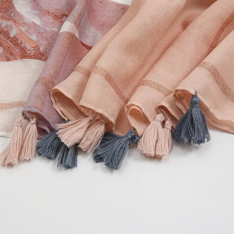women's fashion color block cotton tassel cotton linen scarves