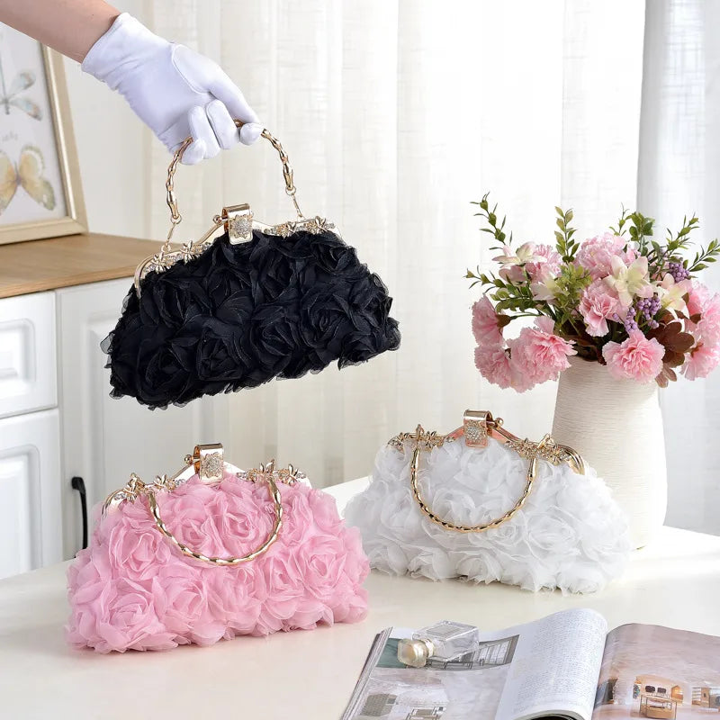 Elegant Lace Rose Wedding Dress Clutch Bag Maids Diamond Decorated Single Shoulder Crossbody Party Banquet Handbag