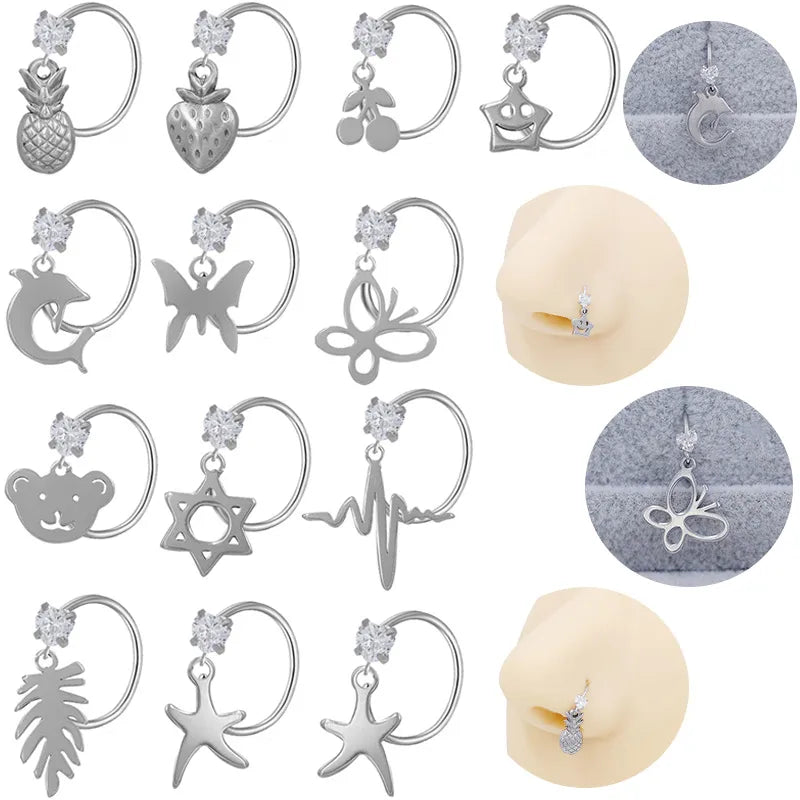 1 Piece Nose Rings & Studs Casual Simple Style Star Moon Fruit 316L Stainless Steel  Polishing Plating White Gold Plated Nose Rings & Studs