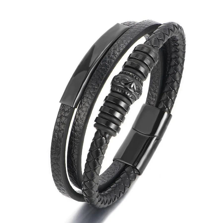 stainless steel vintage leather woven bracelet men's titanium steel magnet buckle multi-layer woven bracelet jewelry wholesale