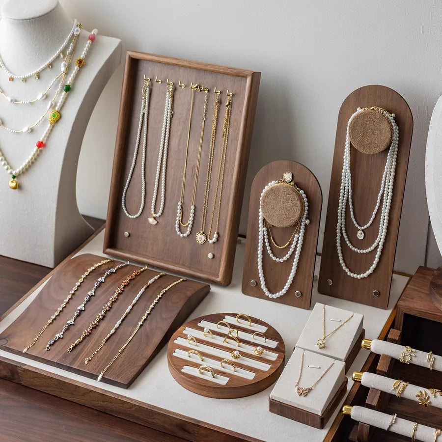 Walnut Jewelry Display Stand Bracelet Necklace Earring Rack Ring Holder Jewelry Tray Combination Fashion Accessory Showcase